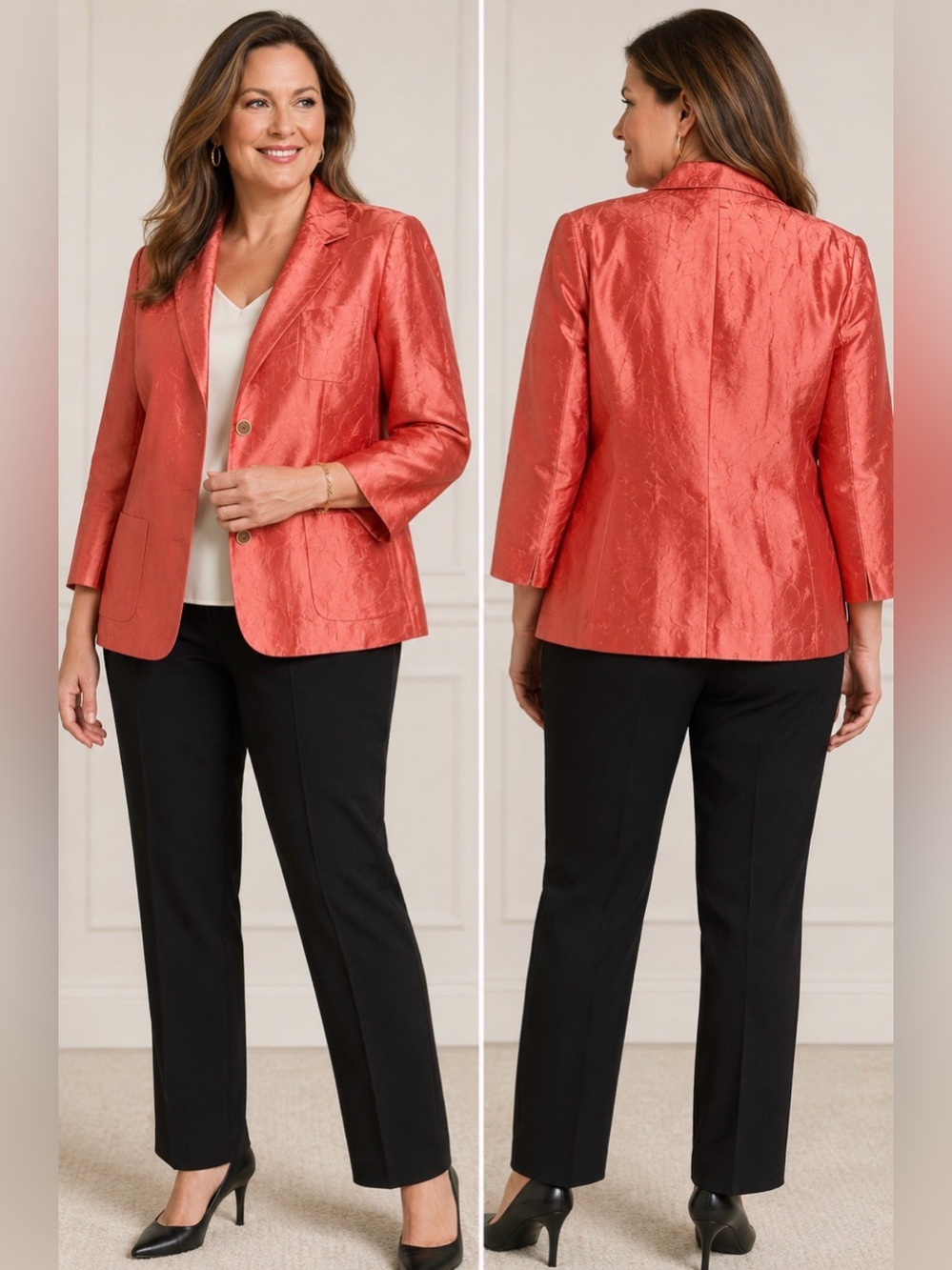 Talbots Silk Blend Coral Shimmer Blazer Jacket Size 12 Career Office Evening